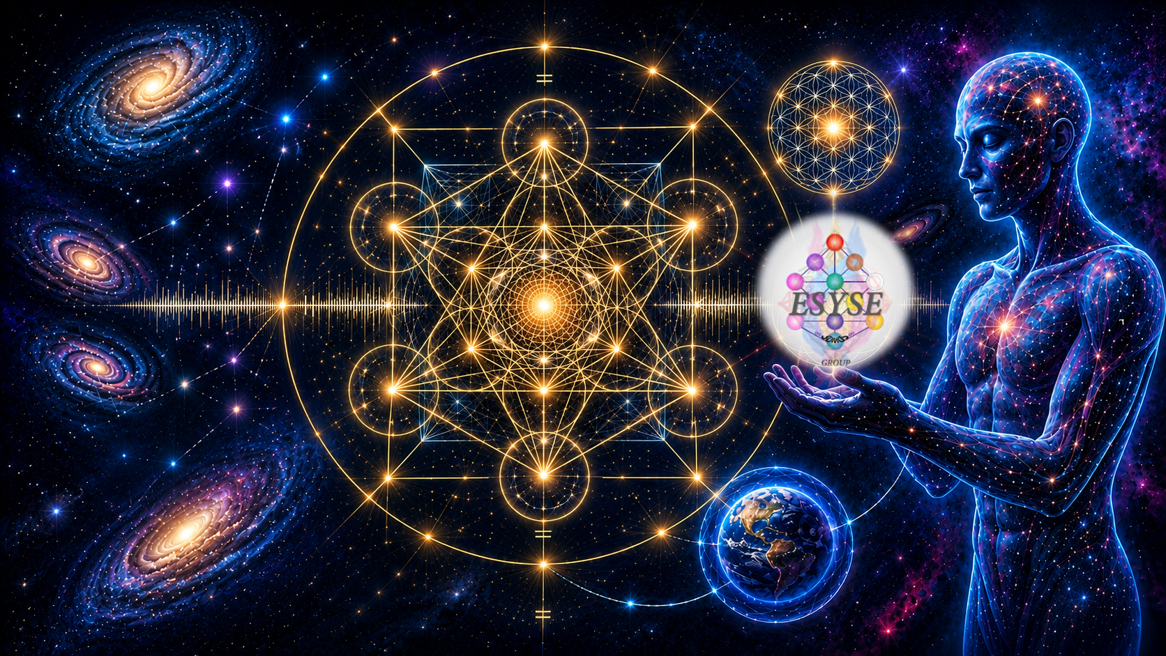 Imagen principal cósmica con geometría sagrada dorada, figura humana azul y fondo estelar para la portada de ESYSE SOMOS Group